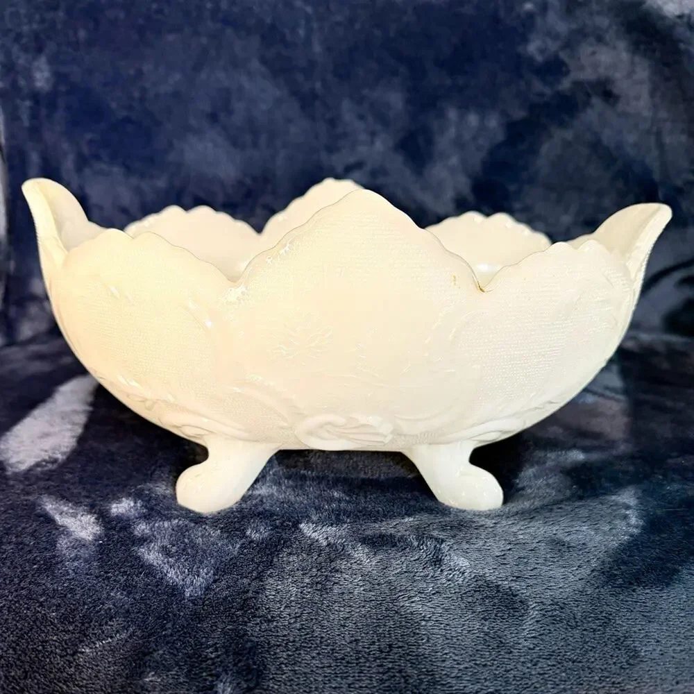 Vntg White Milk Glass Oval Footed Bowl Embossed Grape & Leaf Pattern 10”